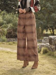 LanaWest Women High Waisted Loose Casual Plaid Printed Straight Leg Pants Fall Cloth For Women - Khaki - View 3