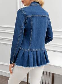 SHEIN LUNE جاكيت جينز كاجوال للنساء، أزرار وحيدة الصدر ، ذات أكمام طويلة وهدب مطوي مناسبة للموسم الخريفي - الأزرق - مشاهدة 2