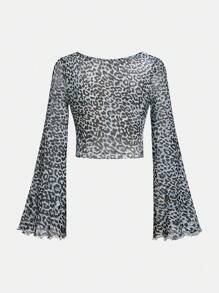 SHEIN Girlism Tween Girls Fitted Square Neck Drawstring Waist Leopard Print Casual Flare Sleeve T-Shirt - Dusty Blue - View 2