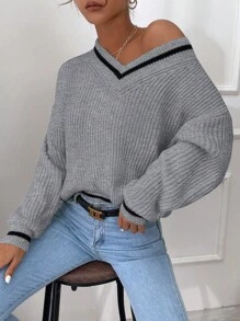 RueChic Striped Trim Drop Shoulder Jumper - Grey - View 3