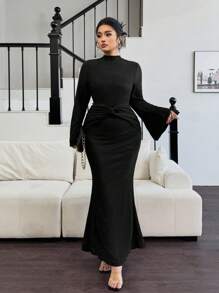 Rometta 大码女式优雅黑色高领纹理扭腰修身喇叭袖连衣裙，秋冬长款女装 - 黑色 - 查看 6