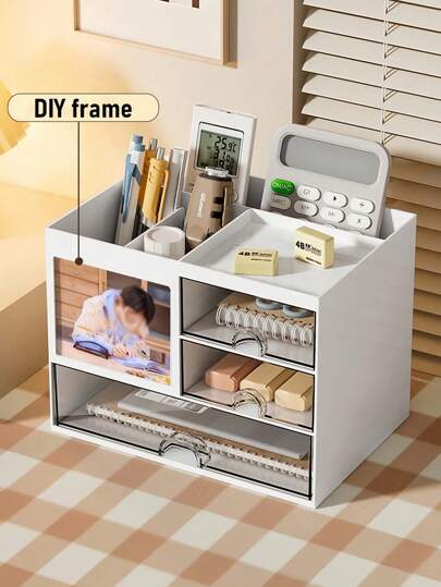 1PC Minimalist Desktop Drawer Pen Holder & Stationery Organizer – Large Capacity Storage For Office, Student, Art & Craft Supplies | Stackable Shelf Organizer, Drawer Cabinets, School Desk Accessories | DIY Assembled Storage Box For Pencils, Markers, Makeup, Office Supplies