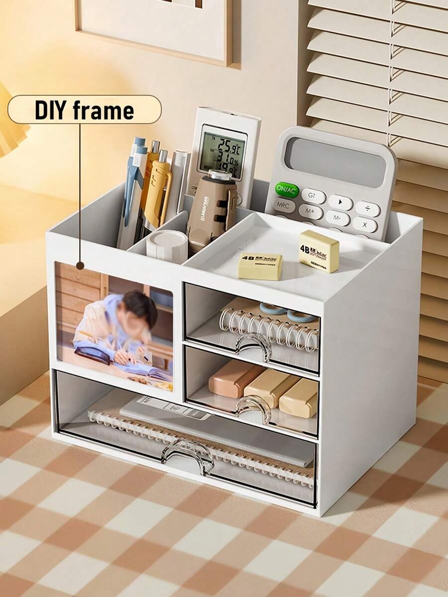 1 件简约桌面抽屉笔筒和文具收纳盒 - 大容量收纳，适用于办公室、学生、艺术和工艺用品 | 可堆叠搁板收纳盒、抽屉柜、学校课桌配件 | DIY 组装收纳盒，适用于铅笔、记号笔、化妆品、办公用品