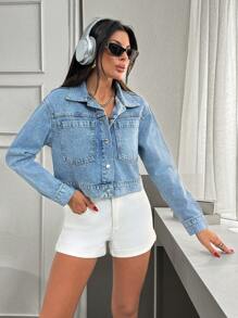 EURMUSE Women's Button Front Long Sleeve Pocket Simple Denim Jacket - Medium Wash - View 6