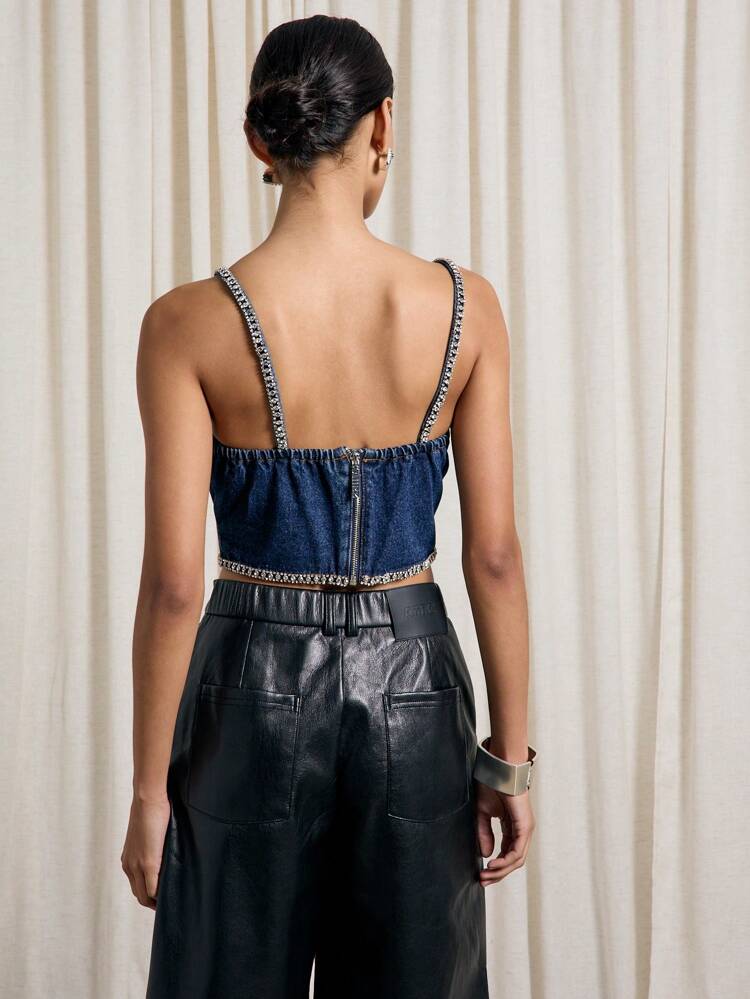 Denim Corset Top With Crystal Embellished Straps