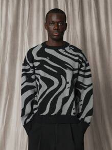 SUMWON Designer Zebra Pattern Knit Sweater Chunky Abstract Animal Print Luxury Winter Pullover Crewneck Jumper Fashion Statement Holiday Gift - Multicolor - View 1