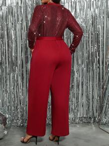 SHEIN Clasi Mono elegante de manga larga con cuello en V, remiendo de lentejuelas y cinturón de unicolor para mujer de talla grande, adecuado para Navidad, Halloween, Año Nuevo, Año Nuevo Chino, otoño/invierno