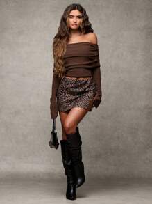 SHEIN BAE Women's Brown Versatile Fashion Leopard Print Minimalist Sexy Slit Skirt,Valentine's Day,Valentine Outfits For Women - Brown - View 4