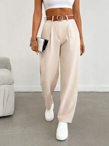 EURMUSE Women Solid Color Pleated Straight Loose Daily Casual Commuting Long Pants - Beige - View 4