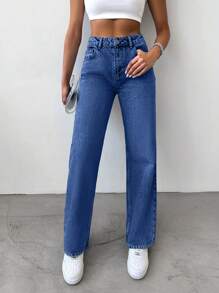 EURMUSE 100%Cotton Slant Pocket Casual Straight Leg Jeans - Blue - View 5