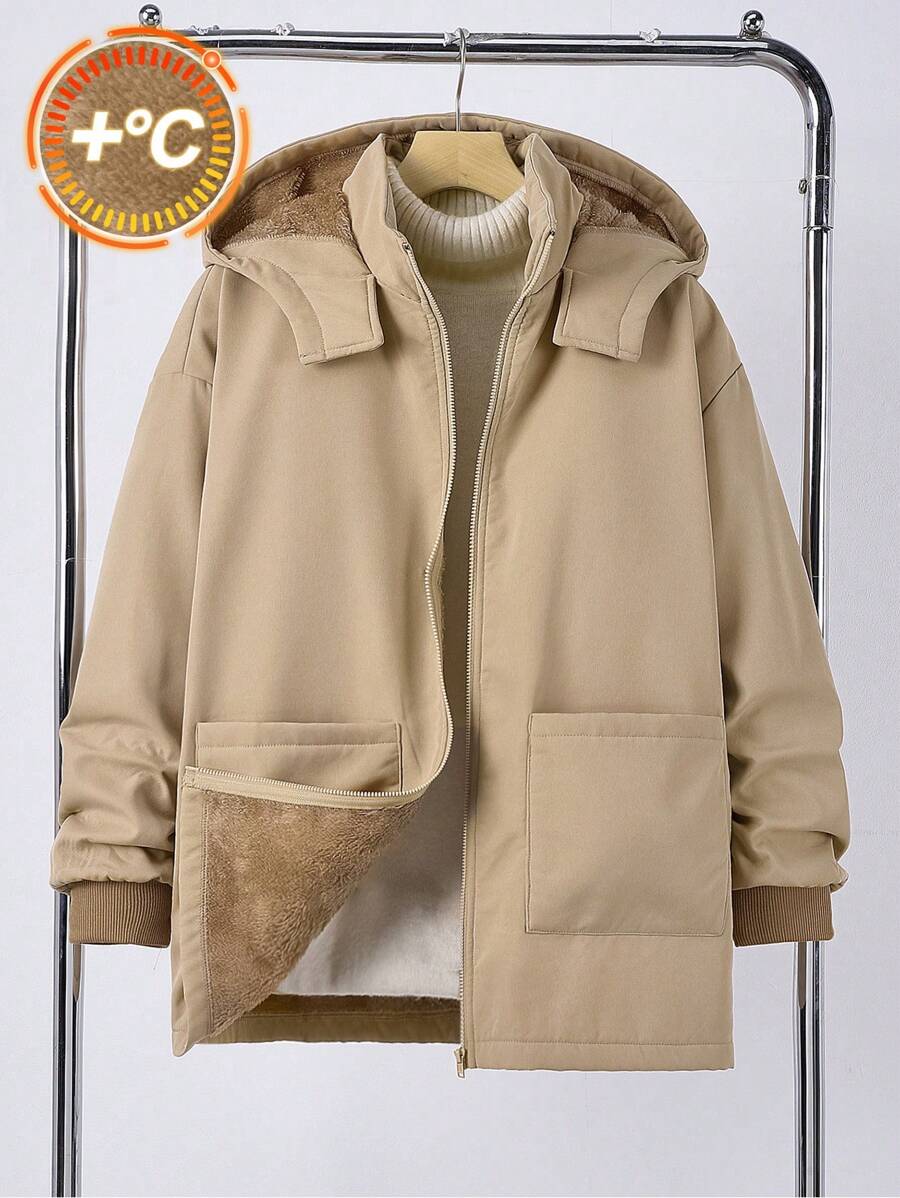 SHEIN Leap Crew Áo khoác dài vừa phải có mũ trùm đầu, khóa kéo, màu kaki, dành cho bé trai tuổi teen, lót giữ nhiệt ấm áp, chống gió, đa năng cho mọi hoạt động hàng ngày, ngoài trời, đi học, thu/đông - Màu Khaki - Xem 1