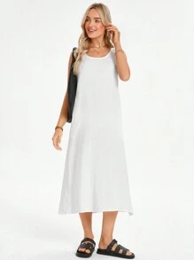 SHEIN LUNE 女士夏季休闲纯色无袖连衣裙 - 白色 - 查看 6