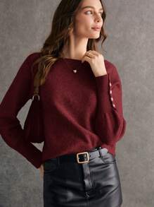 Áo len dài tay cổ tròn tay raglan màu trơn thường ngày cho nữ, mùa thu/đông - Màu Đỏ Sâu - Xem 3