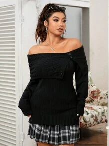 SHEIN EZwear Plus Size Women Solid Color Off-Shoulder Long Sleeve Fitted Sweater, Autumn/Winter Fashion - White - View 6