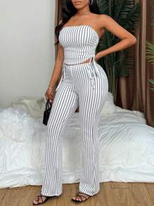 SHEIN PETITE 女士性感修身无袖条纹短款上衣 + 高腰瘦身裤套装 - 彩色 - 查看 6