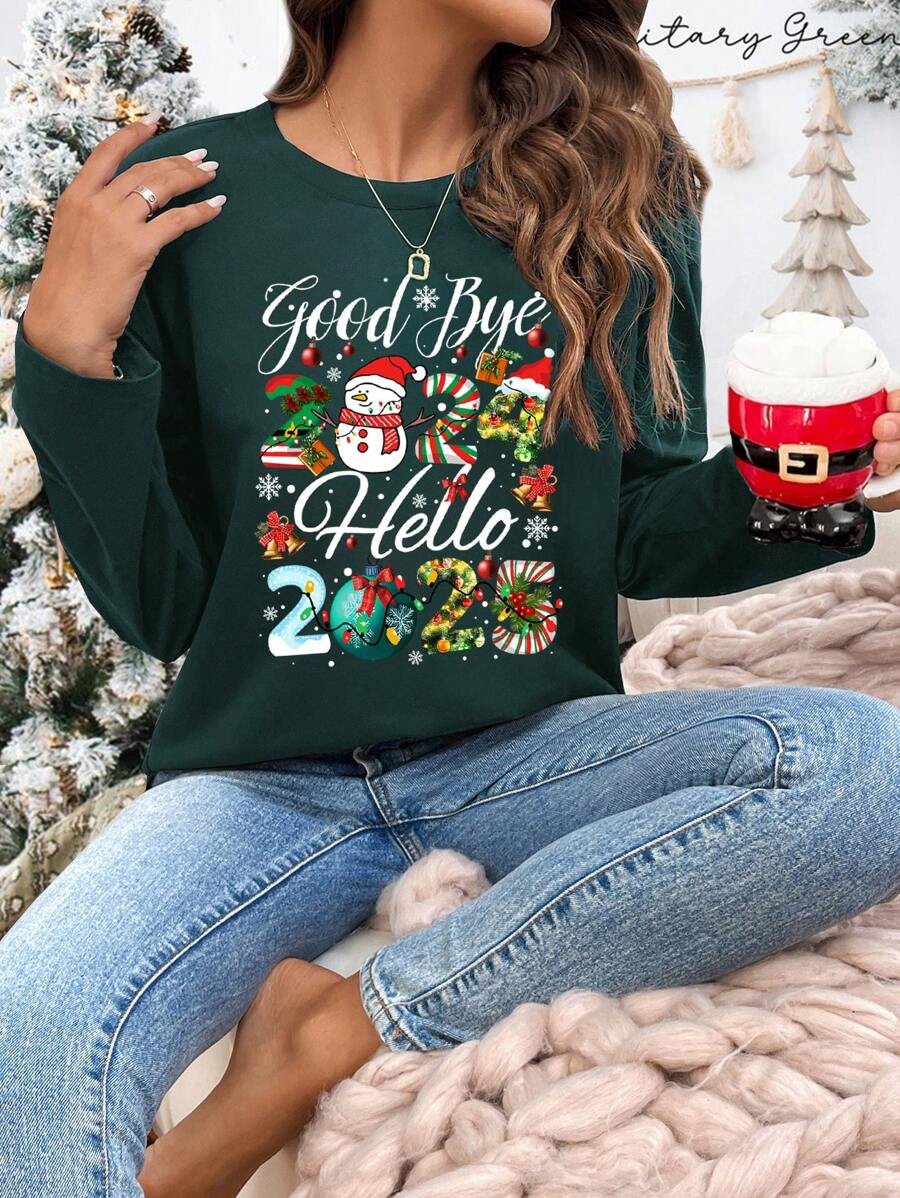 SHEIN LUNE Casual Simple 2025 Happy New Year Graphic Round Neck Long Sleeve Loose Women T-Shirt, Suitable For Spring And Autumn - Green - View 1