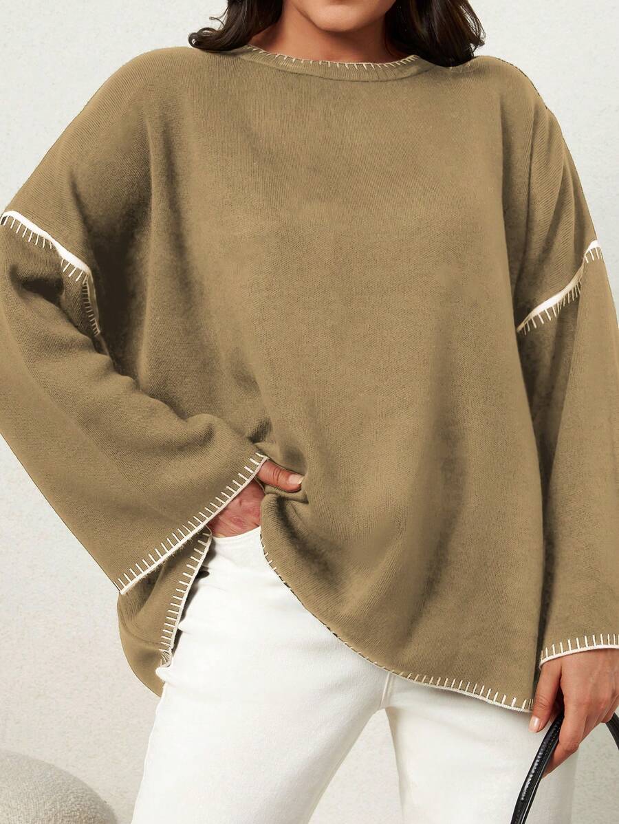 SHEIN Cottnline 大码女式拼色饰边圆领长袖简约休闲毛衣 - 米色 - 查看 1