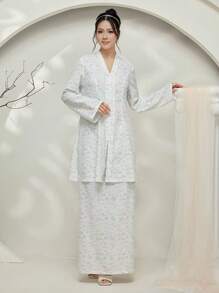 Graceveil Baju Kebaya Baju Kebaya Ditsy Floral V-Neck Long Sleeve Blouse Paired With Long Asymmetrical Skirt, Boho Style Modest - White - View 5