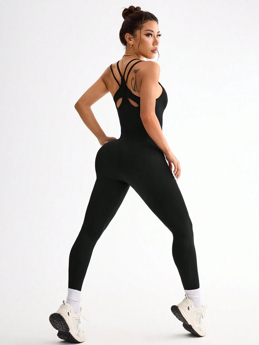 Easithlete Women's Solid Color Simple Fitted Leisure Sports Jumpsuit/Seamless/Waisted - Black - View 1