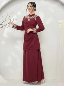 Graceveil Completo modesto con blusa a maniche lunghe con colletto alla coreana e pantaloni, con stampa floreale, in stile cheongsam antico