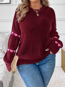 SHEIN Clasi Plus Size Heart Pattern Ruffle Trim Sweater