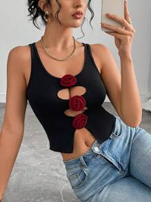 SHEIN Unity Camiseta sin tirantes con decoración floral versátil para mujeres, primavera/verano - Negro - Ver 1