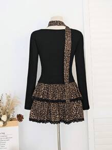 Lunelith SHEIN Lunessa Women Y2K 2 Pieces Set Leopard Ruffle Long Sleeve Knit Sweater And Mini Skirt Outfit, Suitable For Autumn Y2K Outfit  Fall Cloth For Women