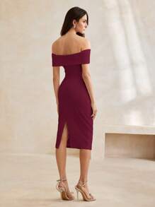 Anewsta Elegante vestido largo de fiesta con hombros descubiertos, cintura entallada y drapeado, adecuado para trajes de Navidad y Año Nuevo - Burdeos - Ver 2