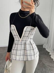 Calvaya Women's Retro Versatile Contrast Color Plaid V-Neck Ruffle Hem Tweed Precision Elegant Vest Camisole Top, Autumn/Winter New Graphic Tees Women Tops