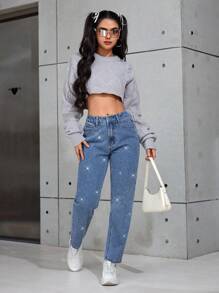 SHEIN PETITE Casual Washed Rhinestone Tapered Denim Pants - Light Wash - View 2