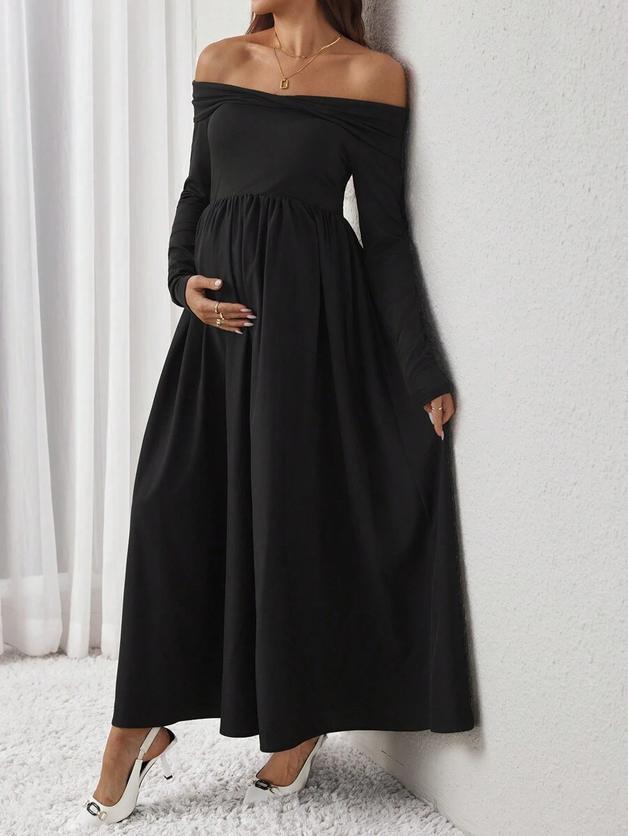 SHEIN Vestido ajustado de manga larga con hombros descubiertos, estilizador y elegante - Negro - Ver 1