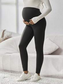 SHEIN 孕妇休闲字母印花高腰紧身裤 - 黑色 - 查看 2