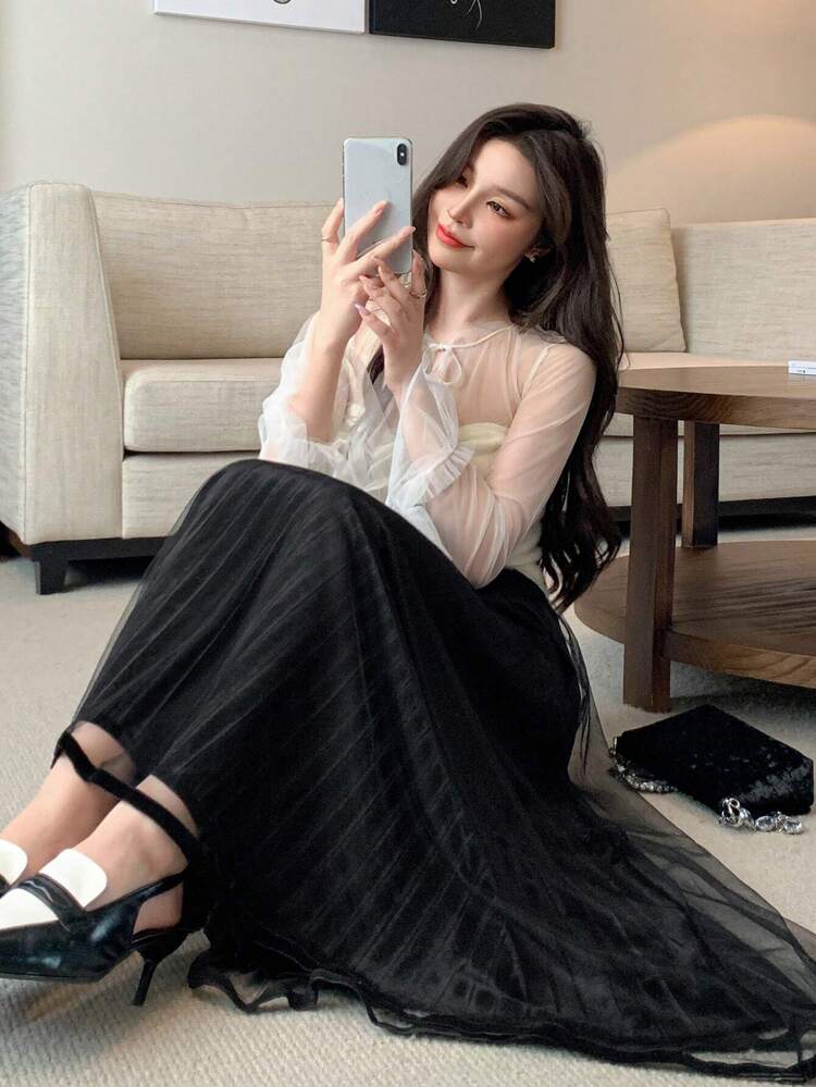 Women's Elegant Casual Mesh Pleated A-Line Skirt, Autumn Winter Women Skirts