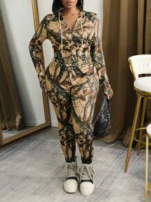 Slaydiva Conjunto de chándal con capucha, cuello mixto y estampado, talla grande