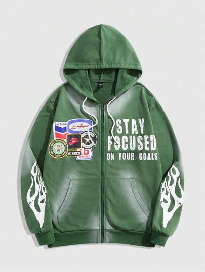 هودي كاجول بأكمام طويلة مزين بطباعة حرفية، سوستة أمامية وجيوب، أسلوب بسيط للرجال