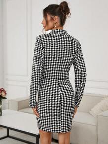 SHEIN Clasi 女士优雅千鸟格连衣裙，配有金属纽扣和翻领西装外套 2 件套，适合约会和通勤