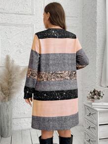 SHEIN LUNE Plus Size Women's Striped Round Neck Long Sleeve Loose Casual Dress, Spring And FallHoliday OutfitsGlitter Dress Party Dresses For Women - Coral Orange - View 2