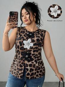 Flirla Plus Size Women 3D Flower Decor Leopard Print Split Back Tank Top Graphic Cheetah Print Tees Women Tops - Black - View 1