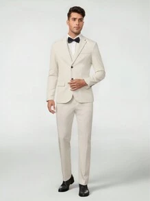 Manfinity VCAY 男士青果領西裝外套和西裝褲套裝帶馬甲 - 米色 - 查看 4