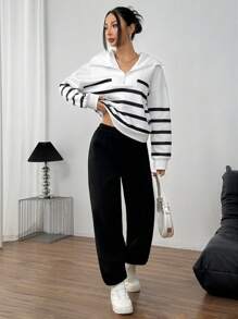 INAWLY 2pcs/Set Women Loose Casual Striped Plush Sweatshirt And Straight Leg Pants Suit - Black - View 6