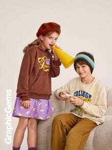 Tween Girls Graphic Print Long Sleeve Hoodie Sweatshirt And Ruffle Hem Mini Skirt 2 Pieces Set, Casual, Autumn/Winter - Multicolor - View 8