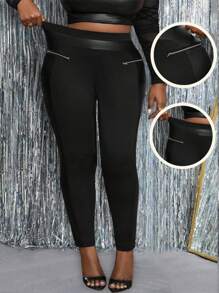 Slaydiva Plus Size Women Casual Sexy PU Splice Solid Black Leggings With Zipper Decor
