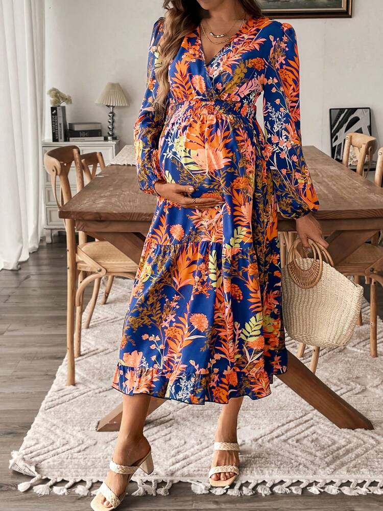 SHEIN Maternity Casual Plant Print Lantern Sleeve Dress For Holiday - Multicolor - View 7