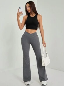 SHEIN PETITE Simple Solid Color Wrap High Waist Flared Pants