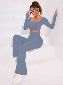 Women Solid Color Long Sleeve Casual Top And Long Pants Athletic Suit Workout Women Set - Blue - View 7