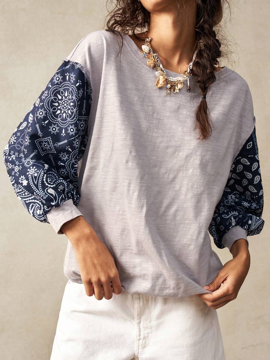 Bohemela 女士休闲针织拼布圆领 3/4 袖宽松 T 恤 - 灰色 - 查看 1