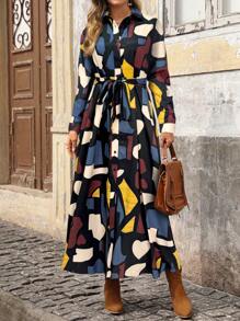 EMERY ROSE 秋季女装，有袖连衣裙，长款秋季连衣裙，几何印花图案可调节腰带连衣裙