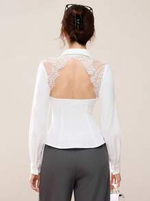 EastFlair 白色对比蕾丝露背长袖衬衫