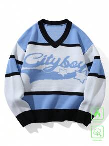 Manfinity Campus Court Áo len dài tay cổ tròn họa tiết kẻ sọc và chữ thường ngày cho nam, mùa thu/đông, đi chơi, bạn bè - Nhiều màu - Xem 7