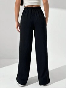 SHEIN Unity 纯色抽绳松紧腰阔腿裤 - 黑色 - 查看 2